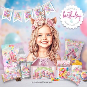 Può includere: Forniture per feste di compleanno di unicorno stampabili in uno schema di colori rosa e bianco. Il set include uno striscione, sacchetti per dolcetti, un'etichetta per bottiglia d'acqua, un'etichetta per scatola di succo, un'etichetta per scatola regalo e un involucro per cupcake. Il testo sulle etichette dice "Isabella's 1st Birthday".