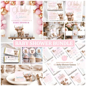 Pink Boho Highland Cow Baby Shower Theme Bundle | Printable Decorations & Invitations | Unique Boho Baby Shower Décor - BS012