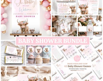 Pink Boho Highland Cow Baby Shower Theme Bundle | Printable Decorations & Invitations | Unique Boho Baby Shower Décor - BS012