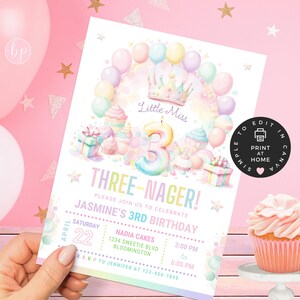 Little Miss Threenager, bearbeitbare 3. Geburtstagseinladung, süßes buntes Mädchen einladen mit Fotooption, Canva Invite Template-BBP012
