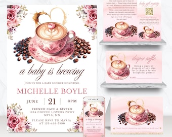 A Baby is Brewing Bundle, Editable Coffee Shower Invitation Set, with Diaper Raffle, Books for Baby, QR Code Card and Thank You Card - BS051