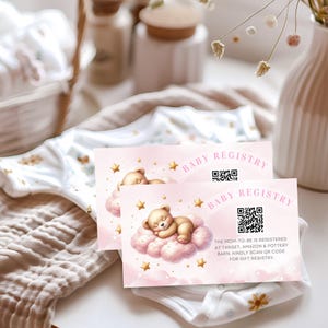 Babyregistratiekaart, babyshower op wolk 9, op wolk 9, babyshower roze meisje, babyshower teddybeer - BS008