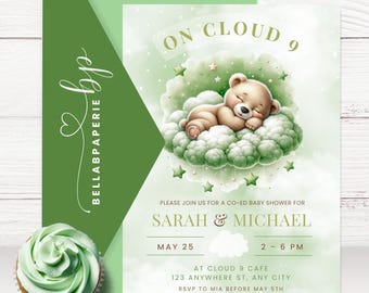 Invitación para baby shower en verde salvia en la nube 9, "Estamos en la nube", osito de peluche, baby shower para niño o niña, invitación para baby shower en la nube - BS039