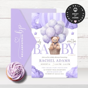 Editable Lavender Purple Hot Air Balloon Baby Shower Invitation, We Can Bearly Wait, BS043