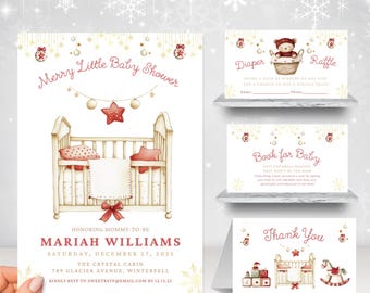 May include: A white baby shower invitation featuring a red and gold crib with a red star. The text reads "Merry Little Baby Shower" and "Honoring Mommy-to-be Mariah Williams".
