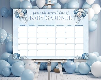 Puede incluir: Un juego de baby shower azul y blanco con un calendario para que los invitados adivinen la fecha de llegada de Baby Gardner. El calendario está decorado con flores azules y blancas.