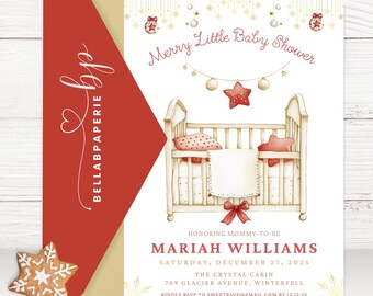 May include: A red and gold baby shower invitation with a white crib decorated with red and gold stars and ornaments. The text reads "Merry Little Baby Shower" and "Honoring Mommy-to-be Mariah Williams".