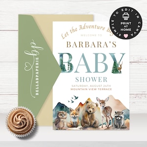 Let The Adventure Begin Baby Shower Invitation, Mountains Baby Shower Invite, Camp Theme Baby Shower, Woodland Baby Shower Invitation, BS042