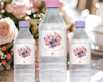 May include: Three clear plastic water bottles with pink and purple floral labels that say "Baby Shower".
