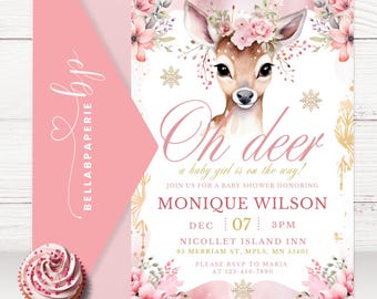 Oh Deer Baby Shower Invitation, Woodland Baby Shower Invitation, Winter Baby Shower, Deer Baby Invite, Rustic Baby Shower, BS055
