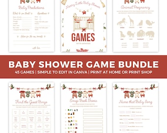 May include: A set of 45 printable baby shower games with a Christmas theme. The games are simple to edit in Canva and can be printed at home or at a print shop. The games feature a watercolour illustration of a cot with a red and green colour scheme.