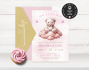 En la invitación del baby shower de la nube 9, DESCARGA INSTANTE, Estamos en la nube nueve, oso de peluche, niña del baby shower, invitación del baby shower de la nube, BS033
