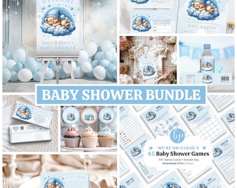 On Cloud 9 Baby Shower Bundle, INSTANT DOWNLOAD, We're On Cloud Nine, Teddy Bear, Baby Shower Boy, Cloud Baby Shower Invite - BS038