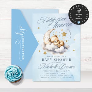 Heaven Sent Baby Shower Invitation | Moon And Stars Boy or Girl Invites | A Little Piece Of Heaven Baby Shower | Canva Template | BS046