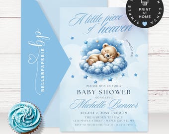 Heaven Sent Baby Shower Invitation | Teddy Bear and Clouds Boy Invite | A Little Piece Of Heaven Baby Shower | Editable Printable | BS002