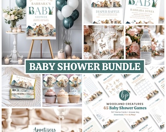 Editable Canva Baby Shower Bundle | Woodland Creatures Adventure Theme | Forest and Mountain Baby Shower Invitations, Games & Decor - BS042