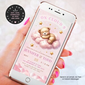 May include: A pink and gold baby shower invitation with a teddy bear sleeping on a cloud. The invitation says "On Cloud 9" and includes the names Jennifer & Todd, the date May 25th, and the time 2-6 PM. The invitation also includes the location "At Cloud 9 Cafe" and the address "123 Anywhere St, Any City".