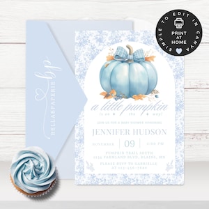 Elegant Blue Floral Toile Baby Shower Invitation, Customizable Printable Invite - Baby Boy Shower Canva Template, BS050