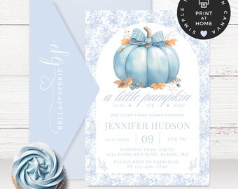 Elegant Blue Floral Toile Baby Shower Invitation, Customizable Printable Invite - Baby Boy Shower Canva Template, BS050