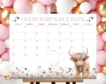 Pink Boho Highland Cow Baby Shower Due Date Calendar, Holy Cow Baby Shower Calendar, Boho Baby Shower Game, BS012