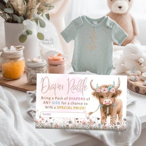 Roze boho Highland Cow Luier loterijkaarten, douchespellen, doucheloterij, boho babyshower, rustieke babyshower - BS012