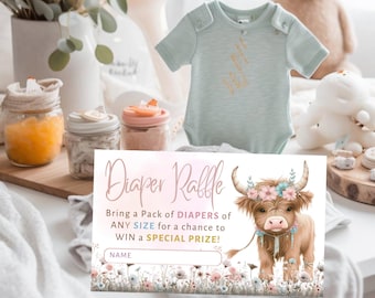 Roze boho Highland Cow Luier loterijkaarten, douchespellen, doucheloterij, boho babyshower, rustieke babyshower - BS012