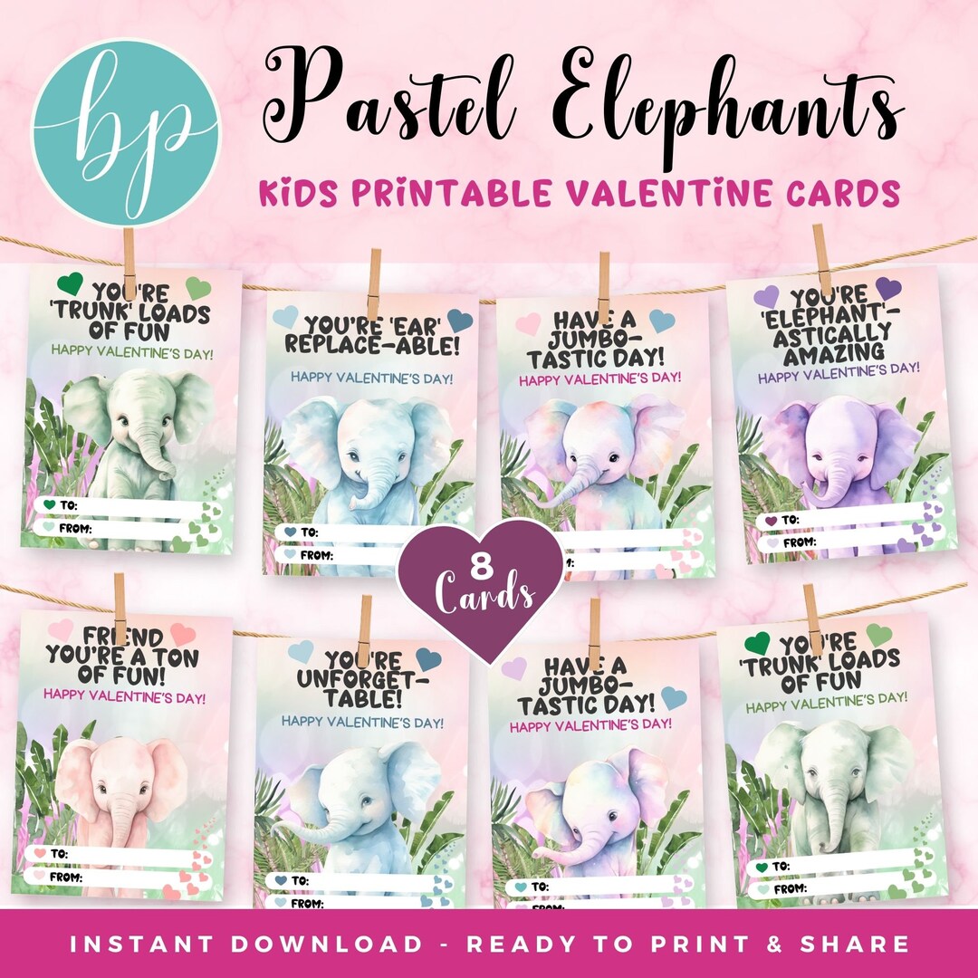 Adorable Printable Elephant Valentine Cards Set Of 8 Instant Download BPV002 Etsy