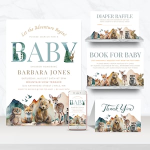 Woodland Baby Shower Bundle, Editable Woodland Animal Set, Adventure Awaits Baby Shower Invitation bundle - BS042