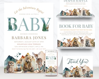 Pacchetto Baby Shower Woodland, set di animali del bosco modificabili, pacchetto di inviti per baby shower Adventure Awaits - BS042