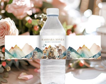 Etiketter för vattenflaskor i skogsmiljö, Låt äventyret börja, Flaskklistermärken för babyshower, Skogsbabyshower, Äventyret väntar, - BS042