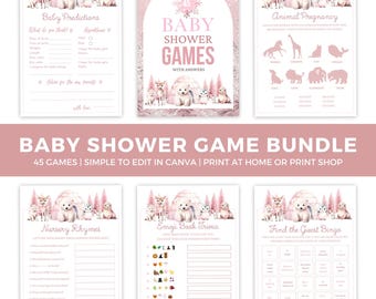 May include: A set of 45 printable baby shower games featuring a pink and white color scheme with a polar bear and woodland animal theme. The games include "Baby Predictions", "Animal Pregnancy", "Nursery Rhymes", "Emoji Book Trivia", and "Find the Guest Bingo".