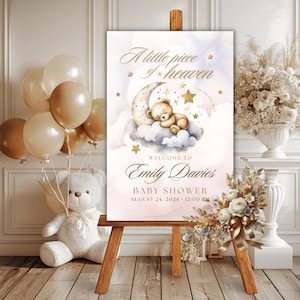 Kleines Stück des Himmels Willkommensschild, Der Himmel schickt Babyparty-Willkommensschild, Teddybär über dem Mond, Gender Neutral Willkommensschild, BS046