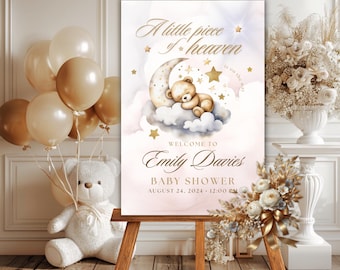 Välkomstskylt för liten bit av himlen, välkomstskylt för babyshower från himlen, nallebjörn över månen, könsneutral välkomstaffisch, BS046