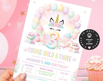 Young, Wild and Three, Editable 3rd Birthday Invitation, Cute Colorful Girl Invite with Photo Option, Canva Invite Template- BBP012