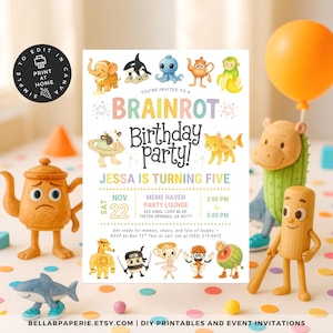 Brainrot Geburtstagseinladung, Viral TikTok Meme Party einladen, Lustiger Kindergeburtstag, Italienische Brainrot, bearbeitbare Canva Vorlage - BEP018