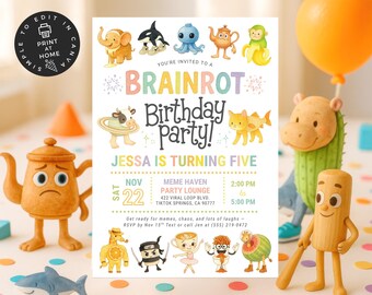 Brainrot Birthday Invitation, Viral TikTok Meme Party Invite, Funny Kids Birthday, Italian Brainrot, Editable Canva Template - BBP018