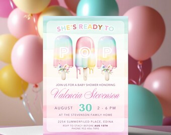 She's Ready to Pop Baby Shower Invitation, Editable Popsicle Theme, Summer Digital Download, Fun Baby Shower Invite - BS068