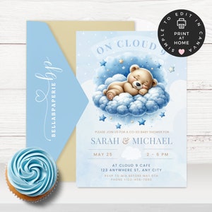 Invito per baby shower "On Cloud 9", DOWNLOAD IMMEDIATO, "We're On Cloud Nine", orsacchiotto, baby shower per bambini, invito per baby shower "Cloud" - BS039