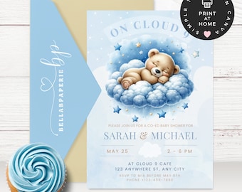 Invitación para baby shower en la nube 9, DESCARGA INSTANTÁNEA, Estamos en la nube 9, Osito de peluche, Baby Shower para niño, Invitación para baby shower en la nube - BS039