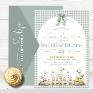 Gender Neutral Sage Gingham Goose Baby Shower Invite, Silly Goose Baby Shower Invitation, Mother Goose, Goose Baby Shower Invite - BS061