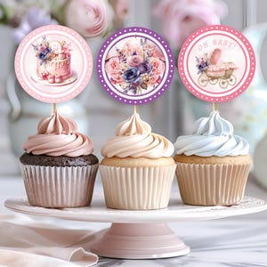 Cupcake Toppers, April Showers Bring May Flowers Baby Shower, Spring Baby Shower Decor, Girl Baby Shower, Pink, Purple Floral Theme - BS018