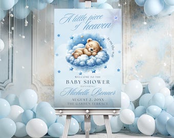 Välkomstskylt för liten bit av himlen, himmelskt sänd babyshower-välkomstskylt, på moln 9, välkomstaffisch för pojkebabyshower, BS002