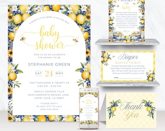 Mediterranean Lemon Baby Shower Bundle, Books for Baby, Diaper Raffle, Baby Registry, and Thank You Cards, Lemon Baby Digital Invite - BS062