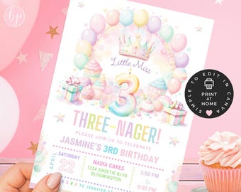 Little Miss Threenager, Editable 3rd Birthday Invitation, Cute Colorful Girl Invite with Photo Option, Canva Invite Template- BBP012