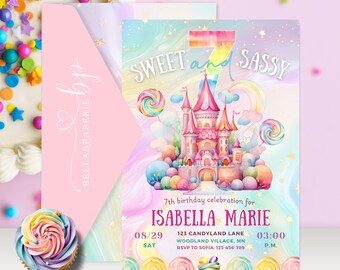 Sweet Sassy and Seven birthday invitation, Girl Birthday Initation, Pastel Colors, Girl 7th Birthday invite, Sweet Sassy and 7,  BBP001