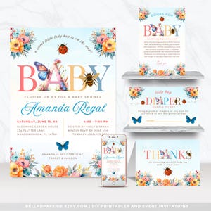 Paquete de invitación de Mariquita, tarjeta de libros para bebé, boleto de rifa de pañales, tarjeta de registro de bebé, tarjeta de agradecimiento y invitación de Mariquita - BS065