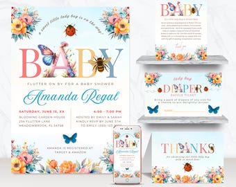Little Lady Bug Invitation Bundle, Books for Baby Card, Diaper Raffle Ticket, Baby Registry Card, Thank You Card and Lady Bug evite - BS065