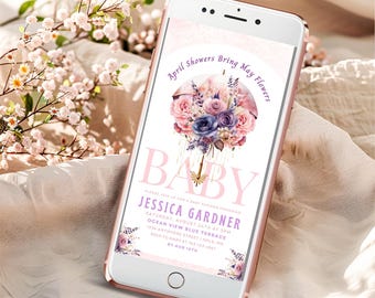 April Showers Bring May Flowers, Umbrella Mobile Baby Shower Invitation, Pink and Purple Florals, Social Media Invite, Baby Sprinkle - BS018