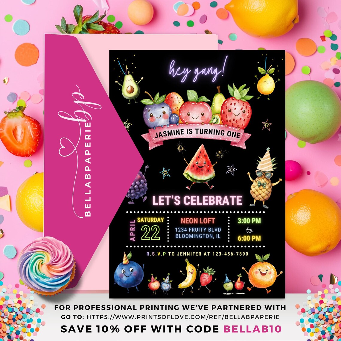 Dancing Fruit Birthday Invitation, Canva Template, Kawaii Dancing ...