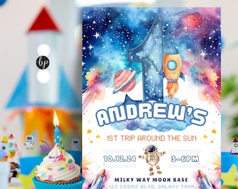 Primer viaje alrededor del sol, invitación de cumpleaños para el espacio exterior, primer cumpleaños de niño, primer cumpleaños de niña, plantilla editable de Canva, BBP02